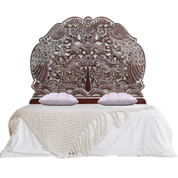 Tête de lit artisanale Smart Art en bois sculpté, motif Paon Reine, éclairée et réglable en hauteur, finition blanchie à la chaux, en bois d'ingénierie à motifs floraux