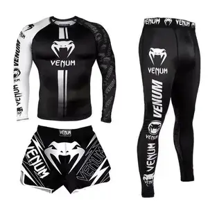 Jiu Jitsu Rashguard MMA T-shirt + celana untuk pria 3 PCS/Set Brazilian Grappling Bjj Boxing Rash Guard pakaian olahraga pakaian Gym celana pendek