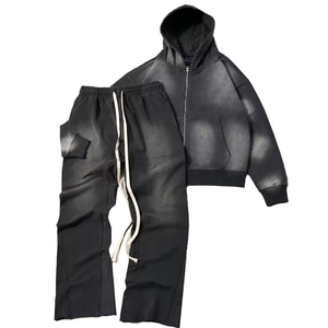 Hot Selling Custom <b>Men</b> Heavyweight Cotton Solid Hooded Oversized Fleece Sweat Suits Tracksuits <b>Flared</b> Sweatpants 2 Piece Sets - Product Image 1