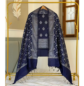 Jupe traditionnelle indienne en soie semi-dupion Banarasi, tissage jacquard Booti, ensemble 3 pièces non cousu, tenue ethnique pour fêtes, livraison rapide - Product Image 1