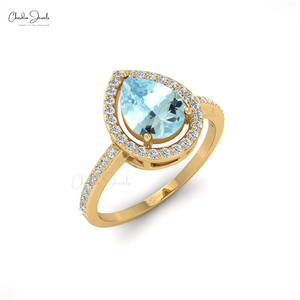 2024 bijoux fins solide 14k or naturel aigue-marine bague de fiançailles 8x6mm poire coupe pierres précieuses Halo diamant anneaux approvisionnement en gros - Product Image 6
