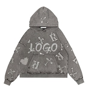 Patchs personnalisés en denim vieilli lettres brodées, sweat à capuche surdimensionné vintage en détresse, sweat à capuche OEM Streetwear, lavé à l'acide - Product Image 2