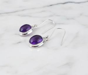 Oval Amethyst Sterling Silver Dangle Earrings Simple Purple Gemstone Drop Minimalist February Birthstone Jewelry Gift - Product Image 3