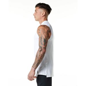 Tapered Fit Sleeveless Physique Enhancing Armhole Cut Elongated Torso 100% Cotton White <b>Mens</b> High-Neck Premium Tank Top - Product Image 3