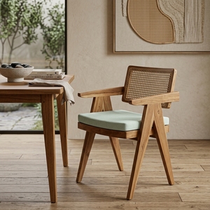 Natural Teak Wood Woven Rattan <b>Armchair</b> V Leg Chandigarh Style Cushioned Accent <b>Dining</b> Chair Outdoor Patio Setup Art Decor - Product Image 5
