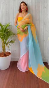 Élégant Bollywood Inspiré Multi-Color Designer Georgette Sari Chic Look Ethnique pour les Mariages Fêtes Indien Pakistanais Vêtements - Product Image 3