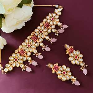 ชุดเครื่องประดับอินเดียสำหรับผู้หญิงสร้อยคอโชคเกอร์ลายดอกไม้ชุบทองสีชมพู - Product Image 2