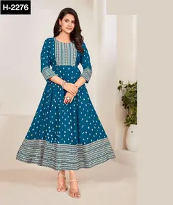 Pakaian etnik India baru siap untuk dipakai Rayon Anarkali gaya Kurtis mewah dengan cetakan Foil dan ukuran Plus tersedia untuk pakaian wanita