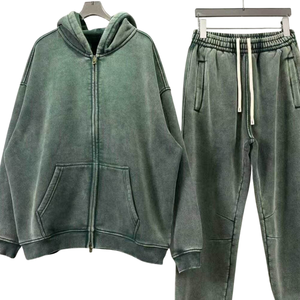 Green Acid Washed Zip Hoodie Tracksuit Men <b>Vintage</b> Fleece <b>Jacket</b> Jogger Pants Set Casual Streetwear Winter Sports Outfit - Product Image 2