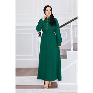 Robe modeste hijab plissé à la taille avec détail de pierre d'émeraude - Product Image 5