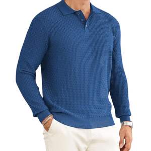 Polo à manches longues en tricot texturé bleu royal pour homme, personnalisation de la marque, haute qualité, doux, respirant, haut de sport décontracté - Product Image 3