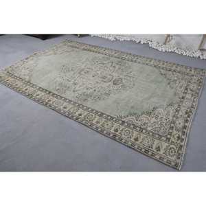 Alfombra turca Vintage de 5,3x8,4 pies, diseño de retales de lana verde y Beige, látex para el hogar, sala de estar, pasillo Rectangular, Tabriz - Product Image 4