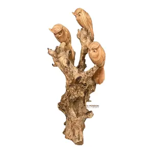 Grand produit artisanal Sculpture d'oiseau hibou Triple en bois avec couleur naturelle pour la décoration de la maison fait à la main de Bali indonésie