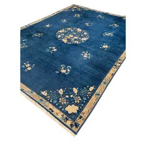 Alfombra de Lana Anudada a Mano Pechino Azul Paem-1520 con Patrón Floral Abstracto para Sala de Estar, Pasillo, Rectangular, Tipo Rompecabezas - Product Image 1