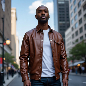 Chaquetas de cuero con cremallera completa para hombre, ropa de calle para exteriores, cuello vuelto | Chaquetas de cuero Pu de piel de oveja lisa con bolsillos delanteros para hombre - Product Image 6