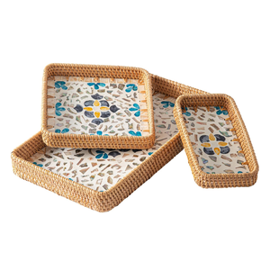 Plateau de service en rotin, ensemble de 3 paniers rectangulaires, paniers de rangement et d'organisation en osier, plateau tissé décoratif naturel - Product Image 5