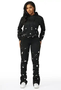 Ensemble de survêtement oversize pour femme 2025, sweat à capuche court zippé intégral et pantalon de jogging évasé, avec broderie effet vieilli et uni, effet délavé, pour le jogging - Product Image 5