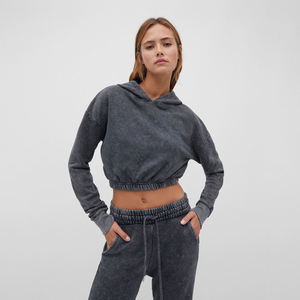 Sweat à capuche court surdimensionné en molleton délavé à l'acide en polyester/coton pour femmes, personnalisé, délavé, hiver - Product Image 1