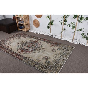 Tapis en laine turque vintage 4.4x7,8 pieds, tissage plat patchwork beige et bleu pour les décorations de salon avec support en latex - Product Image 3