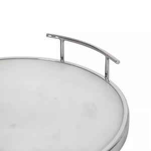 Plateau de Service Rond en Marbre Blanc avec Bordure Argentée et Poignée Élégant Accent de Table pour la Cuisine à Domicile et la Salle à Manger - Product Image 4