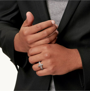 Modern Platinum Diamond <b>Cross</b> <b>Ring</b> White Metal Full Pave Band Design - Product Image 3