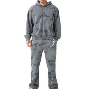 Conjunto Deportivo de Felpa para Hombre, Estilo Vintage, para Invierno, con Bordado Desgastado, Parches, Lavado Ácido, Sudadera con Capucha y Cremallera, Personalizable - Product Image 1