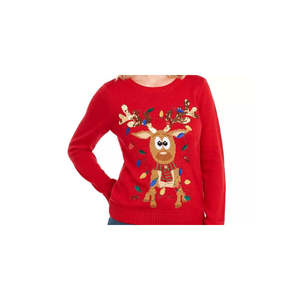 Pull pour femme Karen Scott, style rétro, à sequins, motif rennes emmêlés, respirant, rouge vif, taille L, pour usage décontracté en hiver, devant - Product Image 2