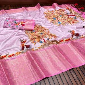 Vente de gros Saree en soie Lichi de créateur dernier cri avec impression numérique multicolore, chemisier contrasté et tissage jacquard - Product Image 3