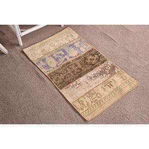 Turkish 1.8x3.1 ft Rug, Small Vintage Rug, <b>Brown</b> Blue Patchwork <b>Wool</b> Rug - Product Image 3