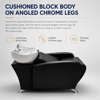 Fauteuil de coiffure noir jais avec coussin, dossier ergonomique, pieds chromés, cuvette blanche polie, appui-tête matelassé et repose-pieds mobile