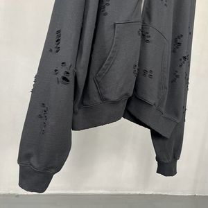 2025 Spring & Autumn New Washed Destroyed Double Zip-Up <b>Hoodie</b> Casual, <b>Trendy</b>, Oversized Mens Ripped <b>Hoodie</b> - Product Image 3