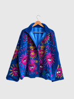 Blouson bleu à col mandarin brodé à la main avec motif géométrique, manches longues, style velours, pour adulte, collection automne