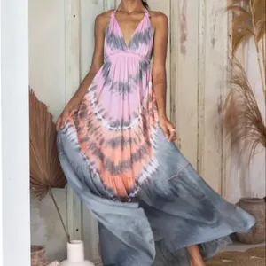 2023 Neuheiten Sommer Mode Kleidung Frauen Casual Bohemian Floral Long Maxi Kleid Tie Dye Boho Gypsy Chic Rayon Stoff