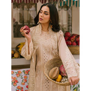 Conjunto de 3 piezas Mahnur para mujer: Camisa, Dupatta y Pantalón bordados Chikanakari Lawn - BIC-4703 Khaddi Net con bordado, Dupatta y Pantalón - Product Image 1