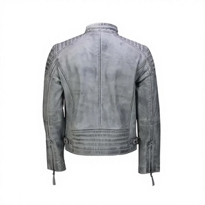 2026 OEM Top Selling <b>Grey</b> Cowhide Leather <b>Jacket</b> Men's Stand Collar Zipper Pockets 100% High Quality Low MOQ Low Price Fashion - Product Image 2