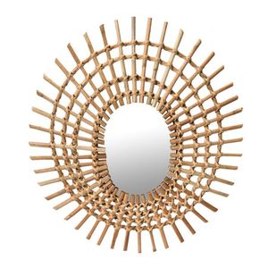 Espejo de materiales de ratán estilo bohemio, espejo de pared colgante redondo, marco de madera rústico, espejo circular para granja - Product Image 1