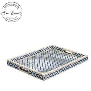 Plateau d'incrustation d'os floral noir blanc avec poignées Plateau de service décoratif fait à la main élégant pour l'affichage de Table de cuisine à la maison - Product Image 2