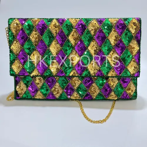 鮮やかなカーニバルの色と複雑なデザインの絶妙な手作りのマルディグラビーズの財布-お祝いのリベリーに最適