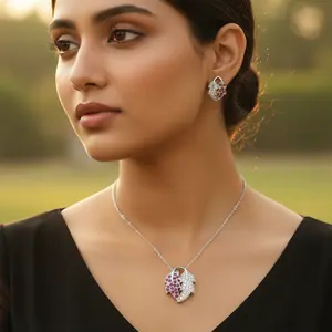 Women's Silver Ruby Leaf Earrings & Pendant <b>Set</b> Gold Plated <b>Bridal</b> & Fine <b>Jewelry</b> with Zircon Stone Gift - Product Image 1