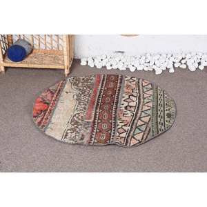 Tapis Turc Vintage Bohème Marron Beige 3.1X3.1 pieds Patchwork Tapis en Laine avec Support en Latex pour Décorations de Salon - Product Image 1