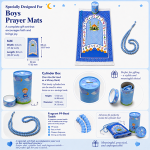 Alfombra de Oración Infantil Azul con Alfabeto Árabe, Alfombra con 99 Cuentas Tasbih, Hucha Cilíndrica, Regalo de Ramadán - Product Image 4