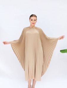 Vintage Pleat Kaftan Flowy Floor-Length Satin <b>Dress</b> Comfort Wear Women Cappuccino Beige Wedding Party Poolside Summer Quick Dry - Product Image 4