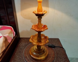 Handmade Solid Wood Carved <b>Table</b> Lamp With Flower Shape Base And Beige Shade For Home Decoration Folk Art Style - Product Image 4
