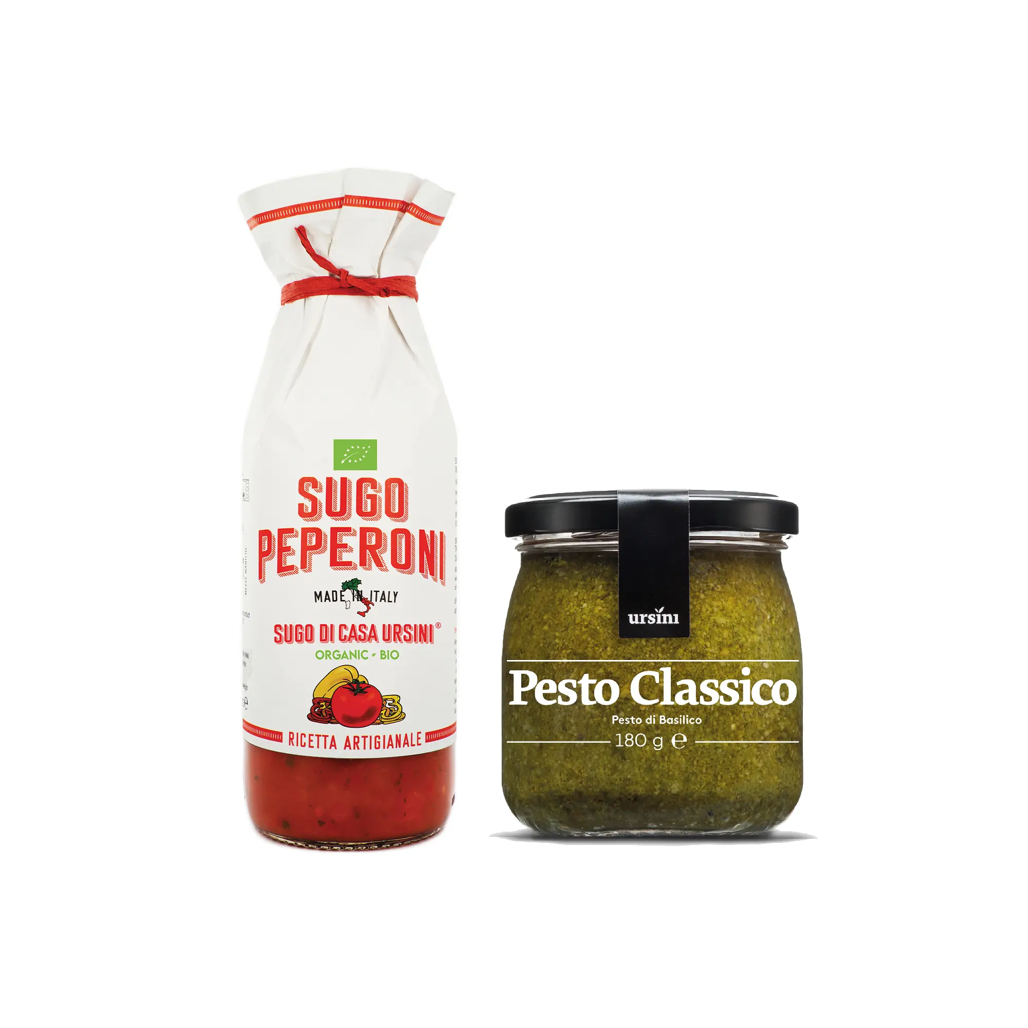 Coppia salse italiane con Bio peperoni biologici 500 g e Pesto classico 180 g per la vendita al dettaglio