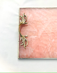 Hermosa bandeja de servicio de piedra de ágata Rosa Nuevo estilo Forma de rectángulo Borde dorado con mango de latón Borde dorado - Product Image 6