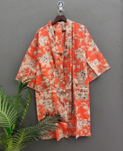Kimono con estampado de algodón 100% Floral naranja bohemio hecho a mano, bata de ducha ligera, secado rápido, transpirable, hasta la rodilla, Verano - Product Image 3