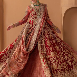 2023 Indian/Pakistani Heavy Embroidery <b>Bridal</b> <b>Jacket</b> Lehenga Dress Silk Cotton Material with Crystal Glass Beadsstone Dabka Work - Product Image 1
