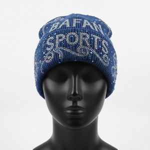 Gorro de Invierno para Mujer, Tejido Acrílico, Elástico, Color Azul, con Pedrería, Logotipo Personalizado, Estilo Brillante, Jacquard - Product Image 1