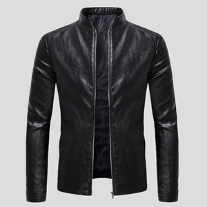 Nouveau hommes d'affaires décontracté mince à manches longues en cuir Pu veste veste couture latérale poche fermeture éclair couleur unie - Product Image 6