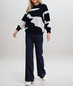 เสื้อสเวตเตอร์ถักแบบสวมหัวแขนยาวลำลองทรงหลวมคอกลมฤดูหนาวอบอุ่นลายแอบสแตรก - Product Image 1